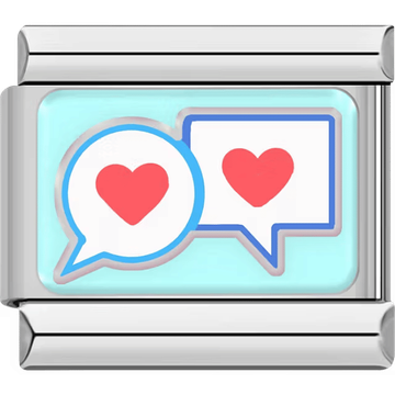 Two chat bubbles with pink hearts inside, one round and one square, on a light aqua background.